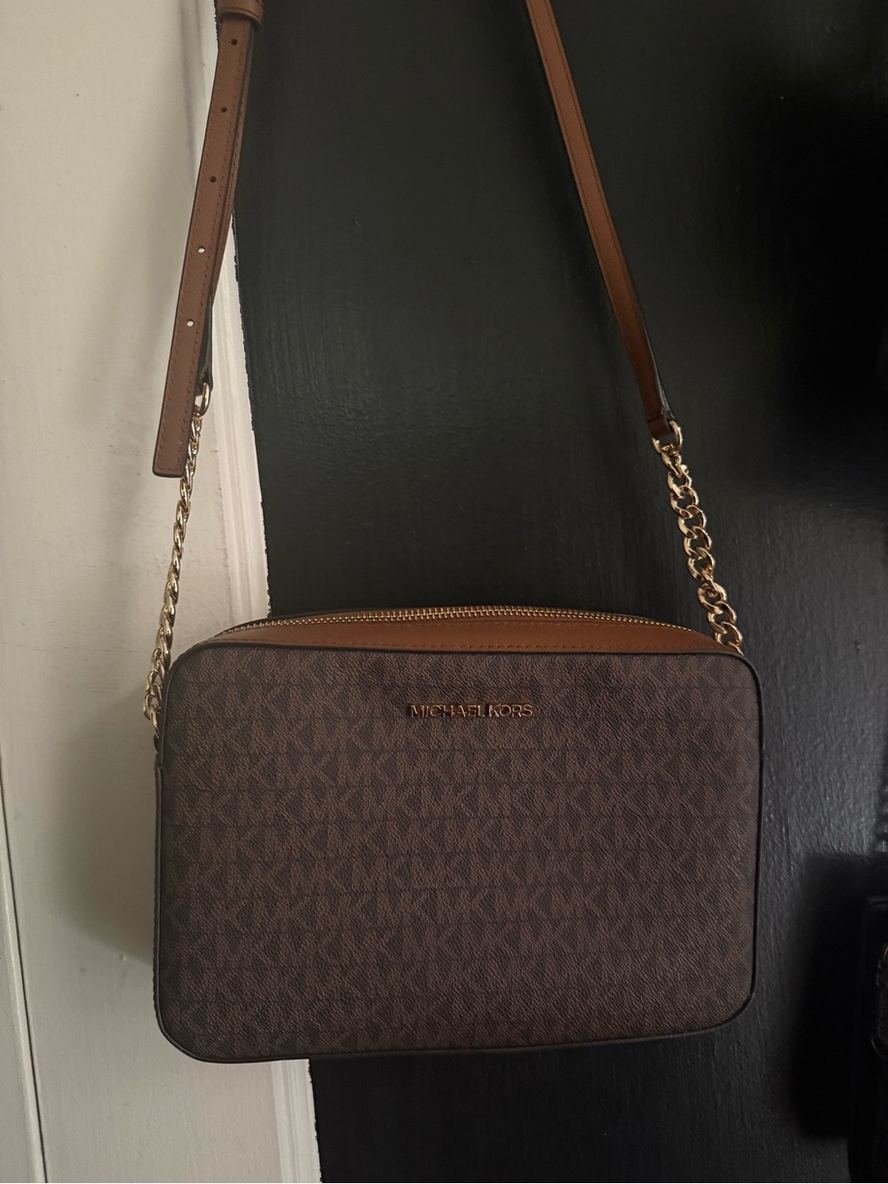 Michael Kors Brown Logo Crossbody Shoulder Bag with Tan Trim